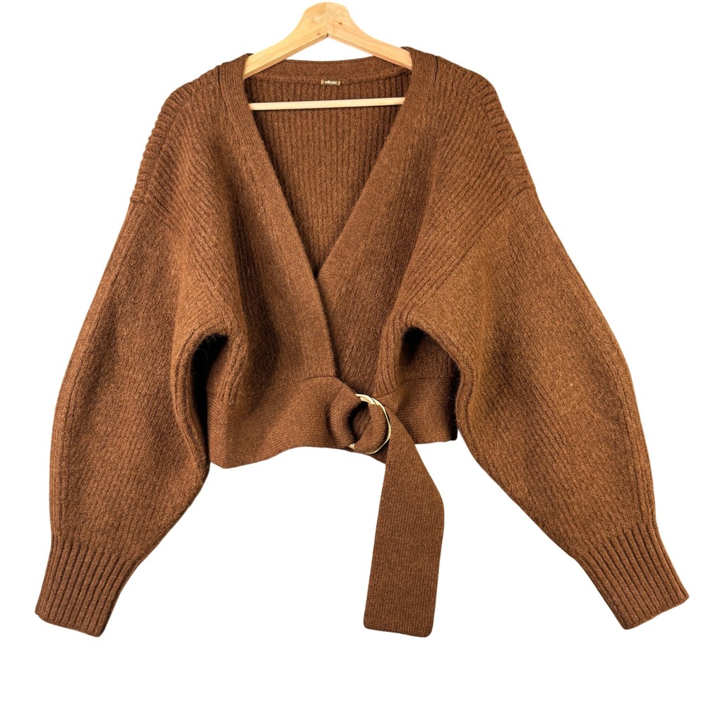 Cult Gaia Mariel Cardigan Brown Alpaca Wool Belted Balloon Sleeve Cropped Large